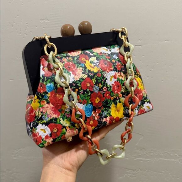 Floral Print Cowhide Leather Handmade Wooden Frame Clutch Bag/Crossbody - Picture 11 of 13